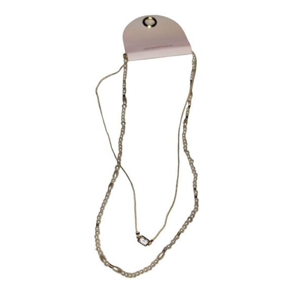 Anthropologie 2 Stack Pearl Goldtone Chain with Jewel Necklaces NWT - Picture 1 of 9